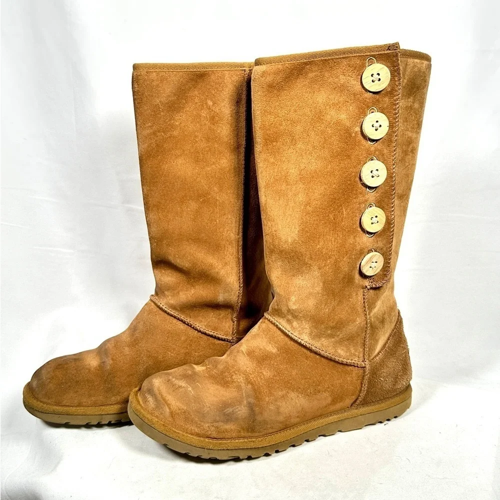 UGG Australia Lo Pro 5 Button Tall Suede Boots Tan Size 7